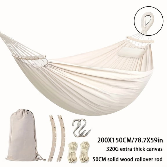 Double Portable Swing Hammock with Hand-Woven Rope & Thickened Canvas | Anti-Slip Design, White Bohemian Tassels | Ideal for Outdoor Patios, Camping & Beach