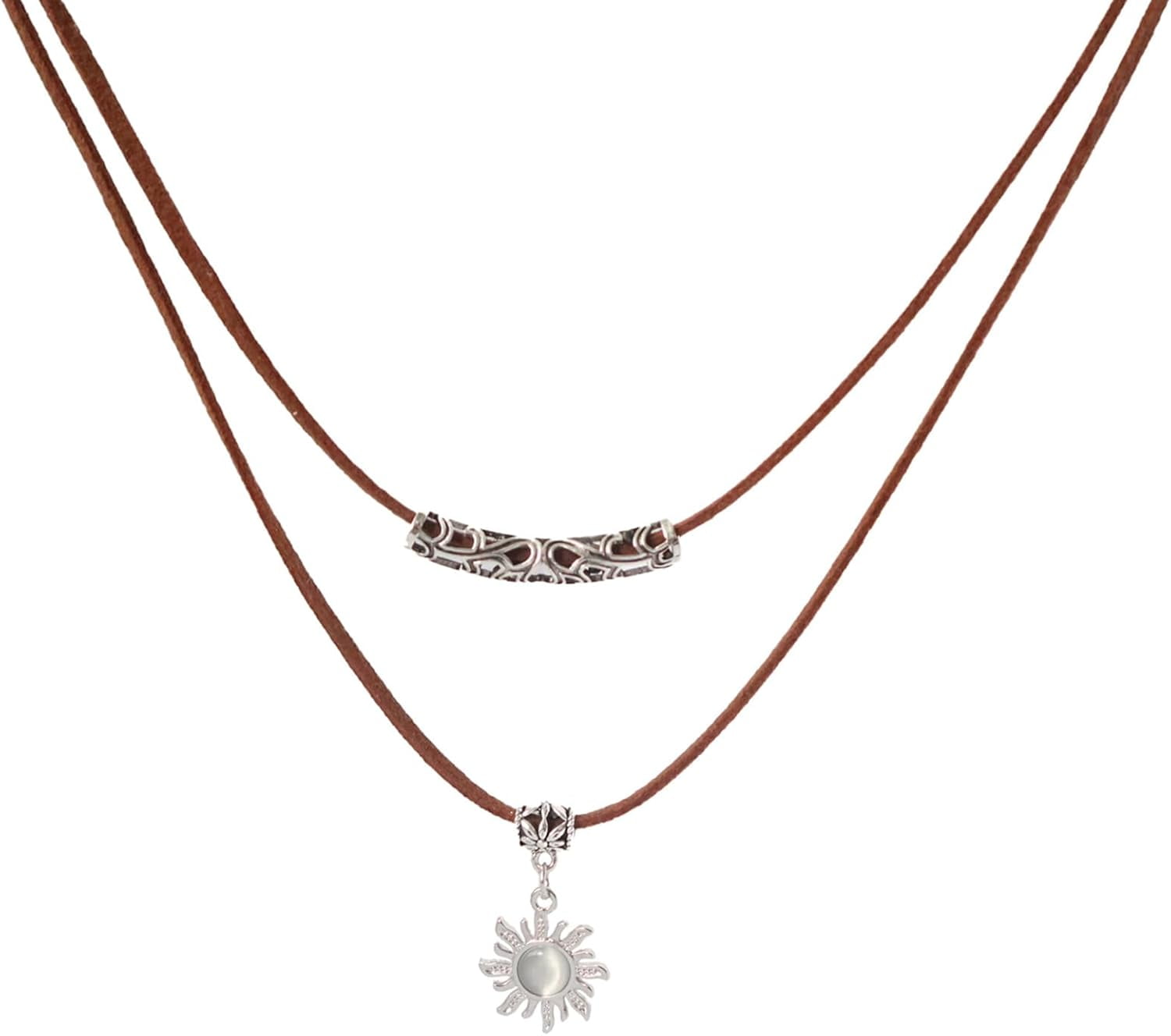Double Professional Layer Sun Pendant Necklace, Brown Leather Cord, 40cm with 7cm Extension Chain, Retro Style[f678]