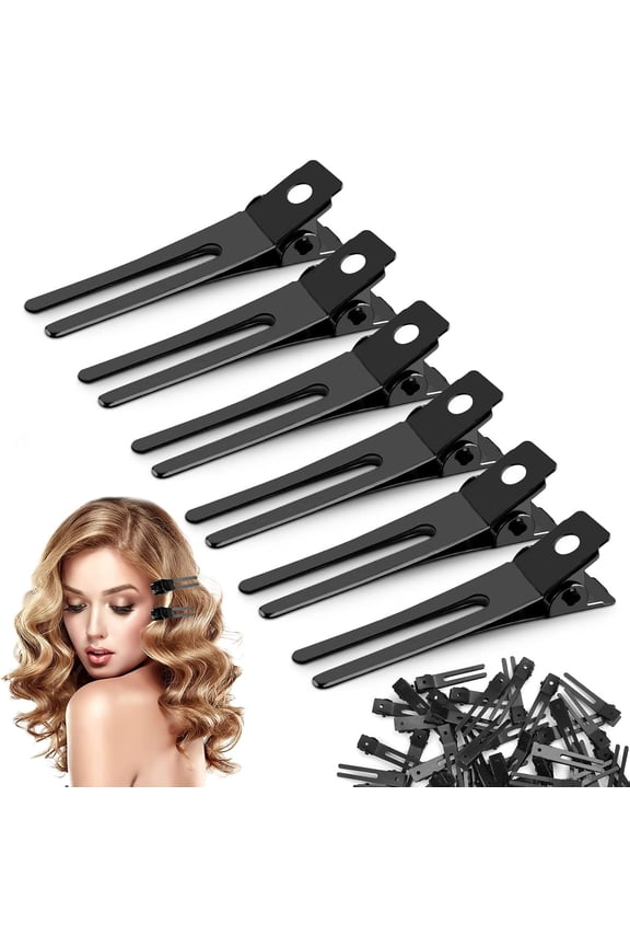 Double Prong Clips, Hair Clips50pcs Hairdressing Curl Pin Clips, Metal Duck Bill Hairpins Alligator Hair Clips for Hair Salon, Barber, Styling, Black, 4.5cm