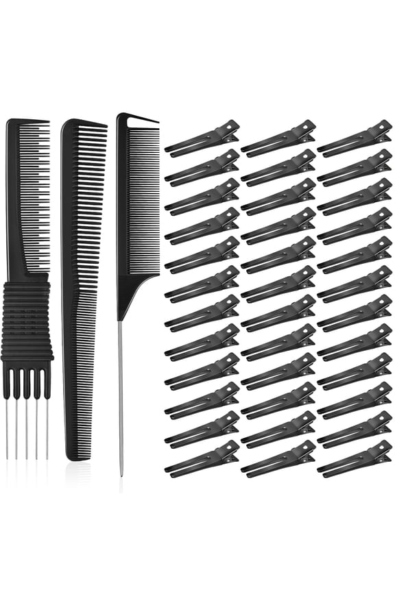 Double Prong Curl Clips, IKOCO 50 Pcs Pins Curls Setting Section Hair Clips Metal for DIY with 3Pcs Comb Set for Salon Barber Hair Styles