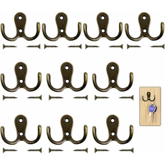 Double Prong Robe Hooks For Wall Mounted Hanging Clothes, Sturdy Zinc Die-Cast Material With Space Saving Design, Antique Brass Finish For Decorative Home Accent (10 Pieces)