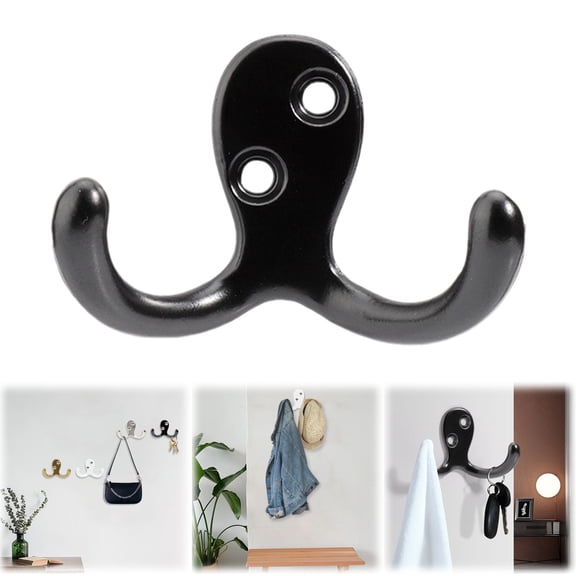 Double Prong Wall Mounted Coat Hooks Heavy-Duty Metal, Black Rust-Resistant Hooks with Screws for Hanging Coats, Towels, Bags and Hats, Modern Home Organization Set, 2 Pack, By Harlik
