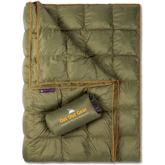 Double Puffy Camping Blanket Extra Puffy Packable Lightweight Warm Water Resistant Olive Orange