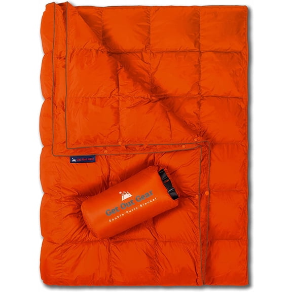 Double Puffy Camping Blanket Extra Puffy Packable Lightweight Warm Water Resistant Orange Gray