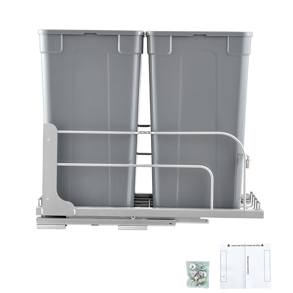 Double Pull-Out Trash Can 27 QT x2, Under Mount Kitchen Waste Container with Soft Close Slide and Door Kit for Cabinet, Grey