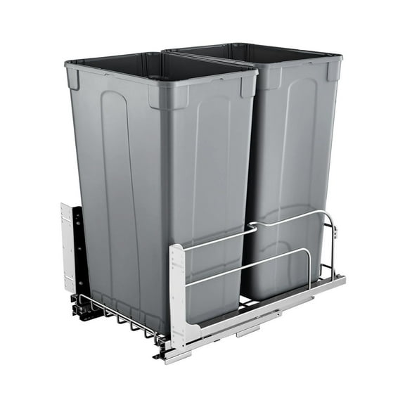 Double Pull Out Trash Can, 50QTx2 Kitchen Waste Container with Soft Close - Grey - Under Cabinet Sliding Bin for Kitchen, Pantry, Bathroom