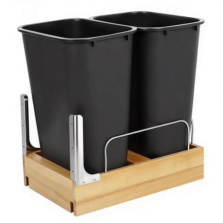 96 Qt Extra Large Double Pull Out Trash Can for B21 Cabinet (Dual 48 Qt Bins), Wood Frame Under Cabinet Garbage Recycling Waste Container, Min Opening Width 15.5", Soft-Close Slide Out Rail System