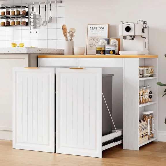 Double Pull Out Trash Can Cabinet with Side Storage Rack, 2x10 Gallons Pet Proof Freestanding Kitchen Trash Cabinet, Wooden Garbage Recycling, Laundry Hamper, Modern Farmhouse Furniture, White