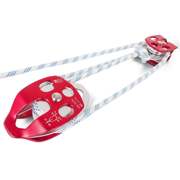 Double Pulley Block & Rope Kit, 1/2 inch x 98 ft Braided Line, Dual Pulley Rigging System, 35 kN Breaking Strength for Tower Work, Hoisting, Training & Outdoor Applications