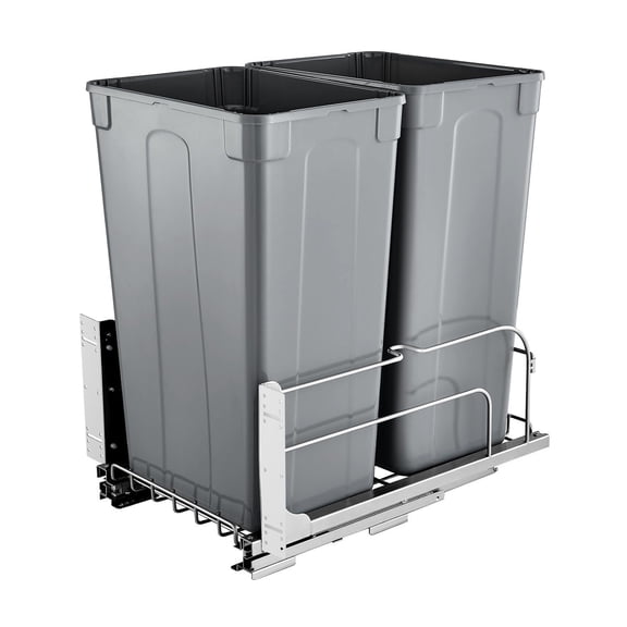 Double Pullout Waste Container Kitchen Trash Can with Soft Close, Grey Dual 50QT Capacity Bins, Under Counter Hidden Cabinet Garbage Organizer with Door Mount and Heavy-Duty Sliding Rails