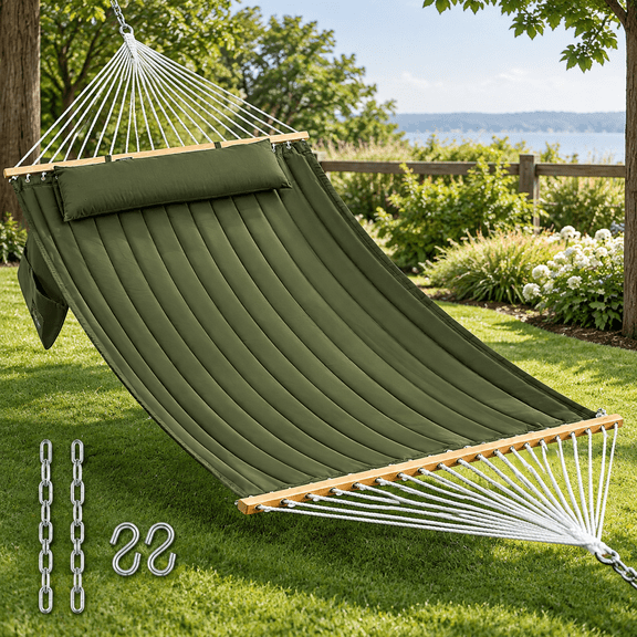 Double Quilted Fabric Hammock with Hardwood Spreader Bars and Pillow 450 LBS Capacity 2 Person Large Hammock for Outdoor Patio Backyard Poolside - Green