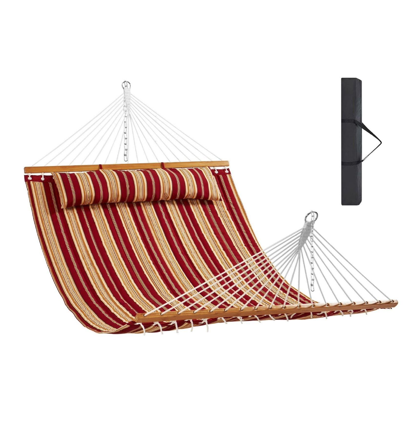 Double Quilted Fabric Hammock with Hardwood Spreader Bar Detachable