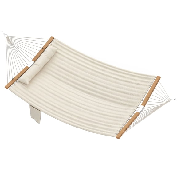 Double Quilted Hammock with 160g Padding, Beechwood Spreader Bars, Detachable Pillow, Magazine Pocket, 440 lbs Capacity for Patio Balcony