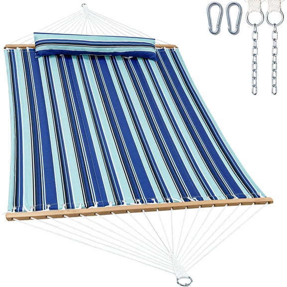 Double Quilted Outdoor Hammock with Spreader Bar, Removable Pillow and Storage Pockets, 475 lb Capacity
