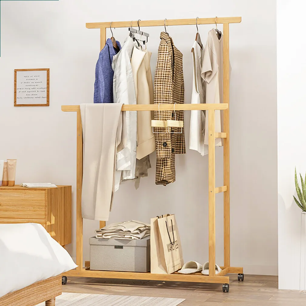 DoubleRail Bamboo Clothes Rack Garment Coat Rack High Low Hanging Rod