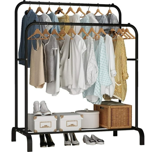Double Rail Clothes Rack, Clothes Hanging Rack, Heavy Duty Clothes Drying Rack, Free Standing Garment Rack for Clothes Storage, Metal Double Rod Clothing Garment Rack Coat Rail Black