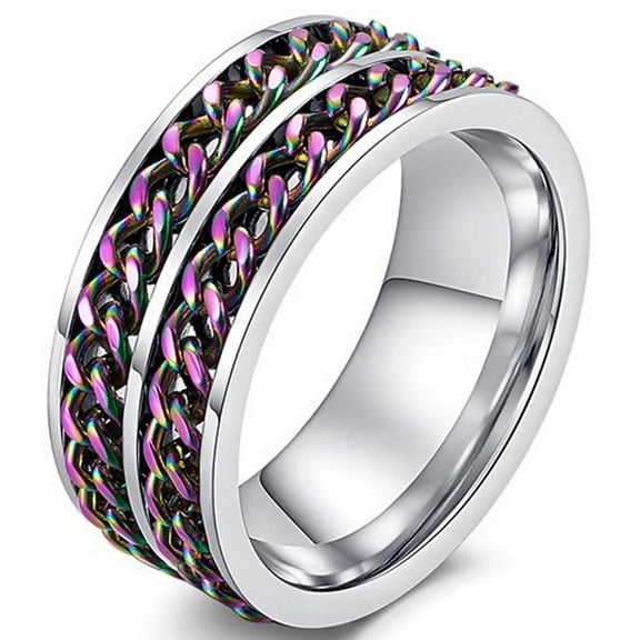 Double Rainbow Chain Spinner Ring Stainless Steel Anti-Anxiety Fidget Band Unisex Fantasy Forge Jewelry