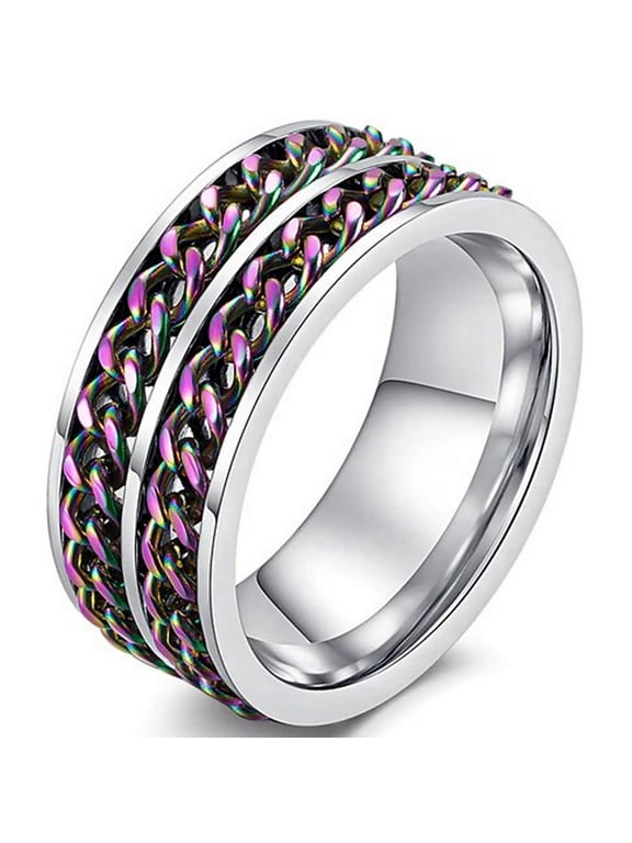 Double Rainbow Chain Spinner Ring Stainless Steel Anti-Anxiety Fidget Band Unisex Fantasy Forge Jewelry