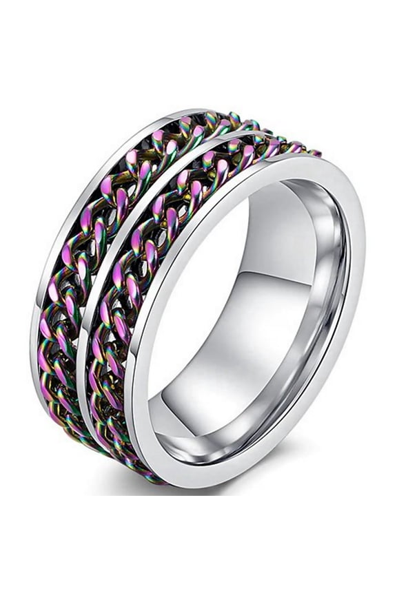 Double Rainbow Chain Spinner Ring Stainless Steel Anti-Anxiety Fidget Band Unisex Fantasy Forge Jewelry
