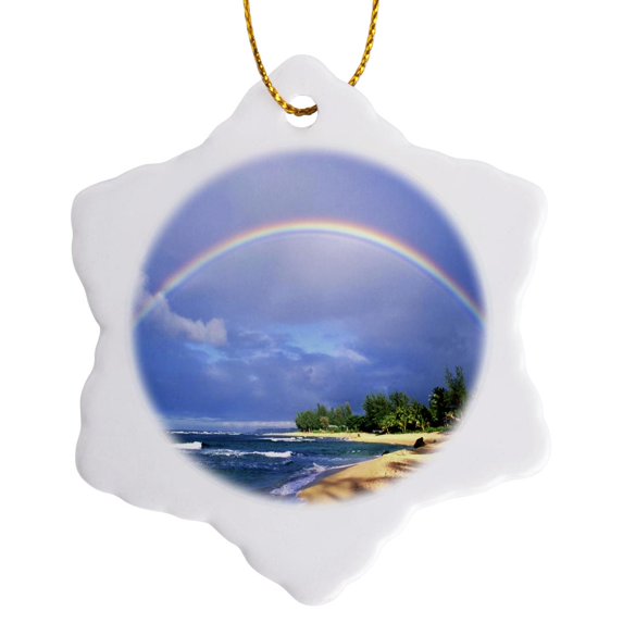 3drose, Double Rainbow in Kauai Hawaii, 3 inch Snowflake Porcelain Ornament