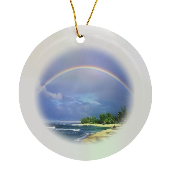 3drose, Double Rainbow in Kauai Hawaii, Circle Porcelain Ornament
