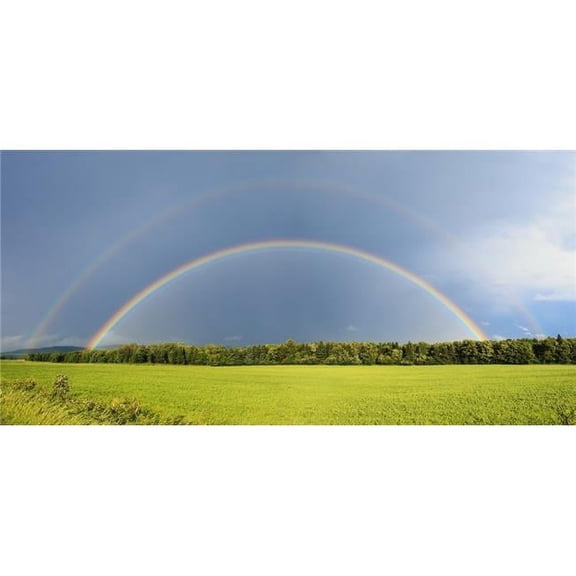 Double Rainbow Over Trees & Lush Green Field - Quebec Canada Poster Print - 22 x 10 in.