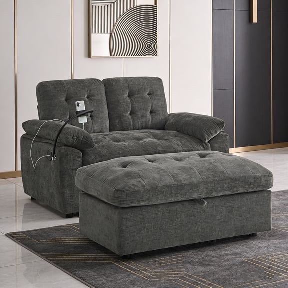 Double Recliner Sofa with Ottoman – Manual Reclining Couch, USB Charging Port, Phone Stand, Soft Armrests for Living Room, Home Theater