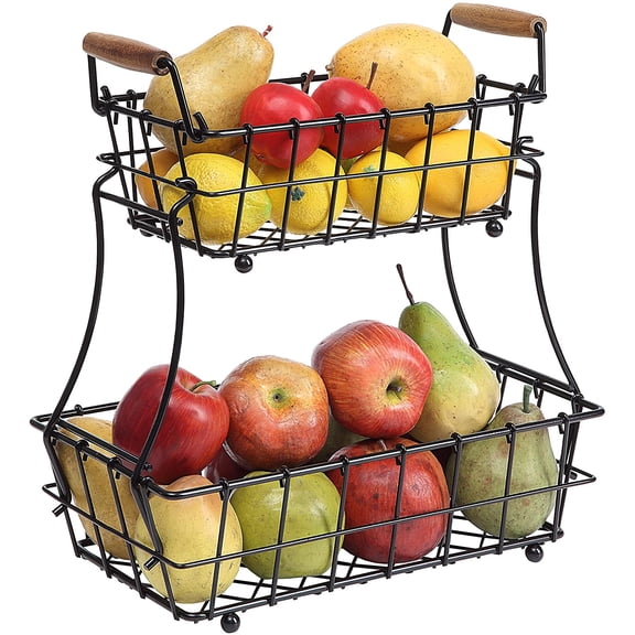 Double Rectangular Countertop Fruit Storage Basket, Food Storage Basket (Black, Metal)