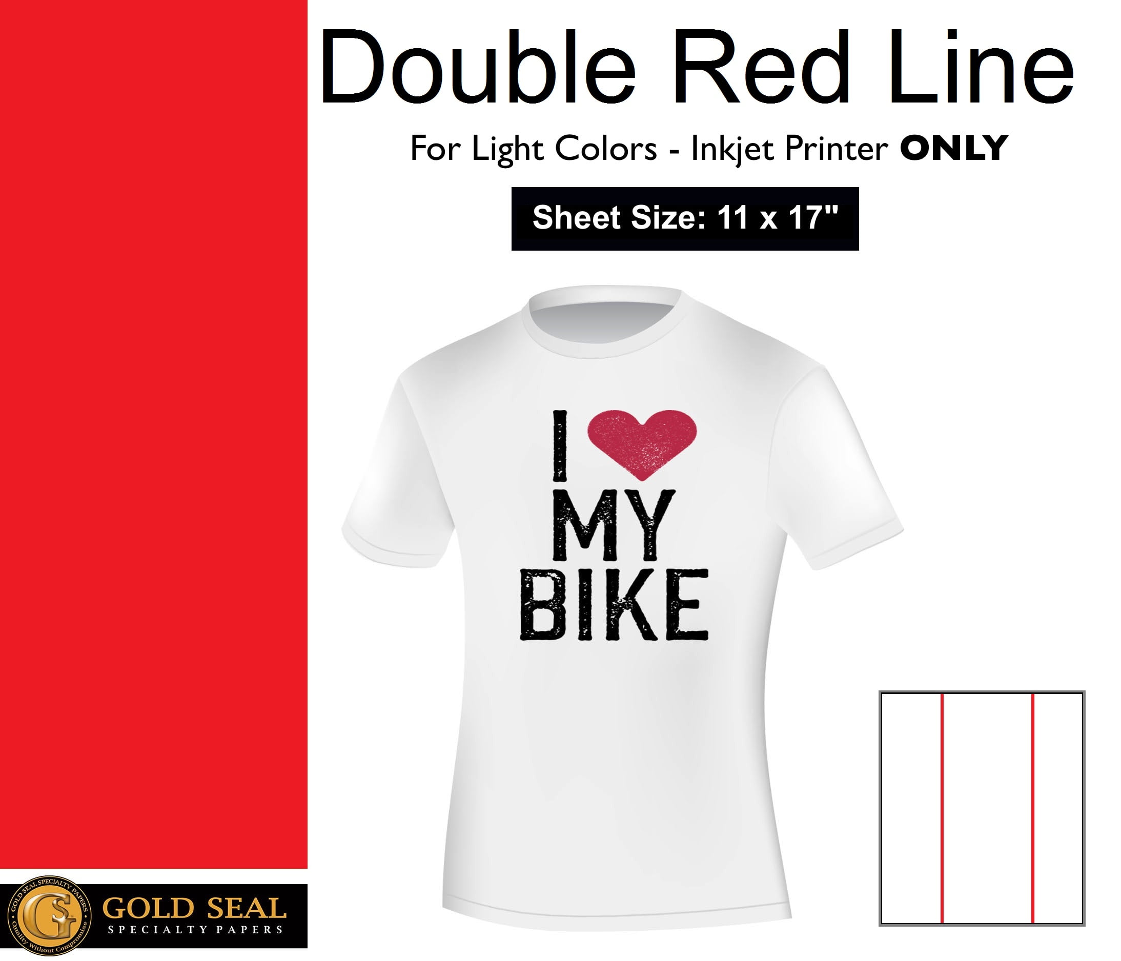 Double Red Line - Inkjet Light Iron On Heat Transfer Paper - 11x17" 100 Sheets