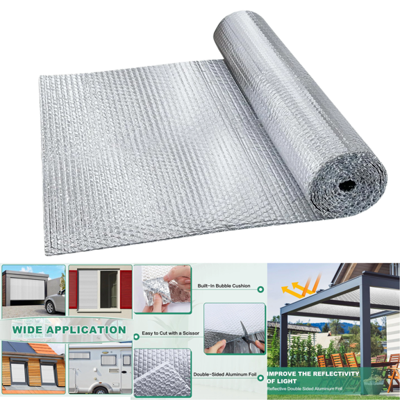 Double Reflective Poly-Foam Insulation, 23.6" x 10 Ft Radiant Barrier Aluminum Foil Bubble Insulation Roll - Engineered Foil for Summer Heat Reflective Window Film for Roof, Car, Garage Doors Silver