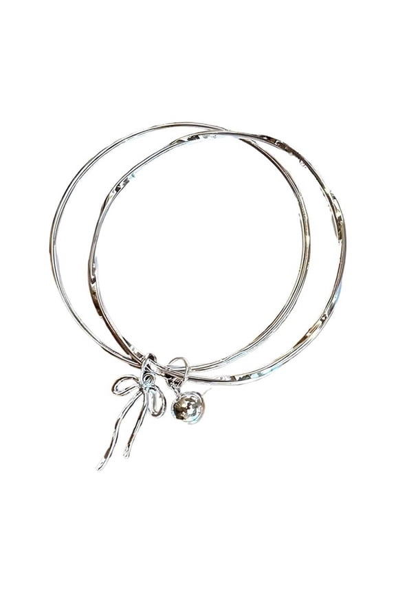 Double Ring Bow Bracelet for Women Closed Adjustable Silvery Copper Bracelet with Zirconia Korean Style Fashion Jewelry Valentine's Day Birthday Mother's Day Gift 8.7 Inch Circumference 68mm Opening