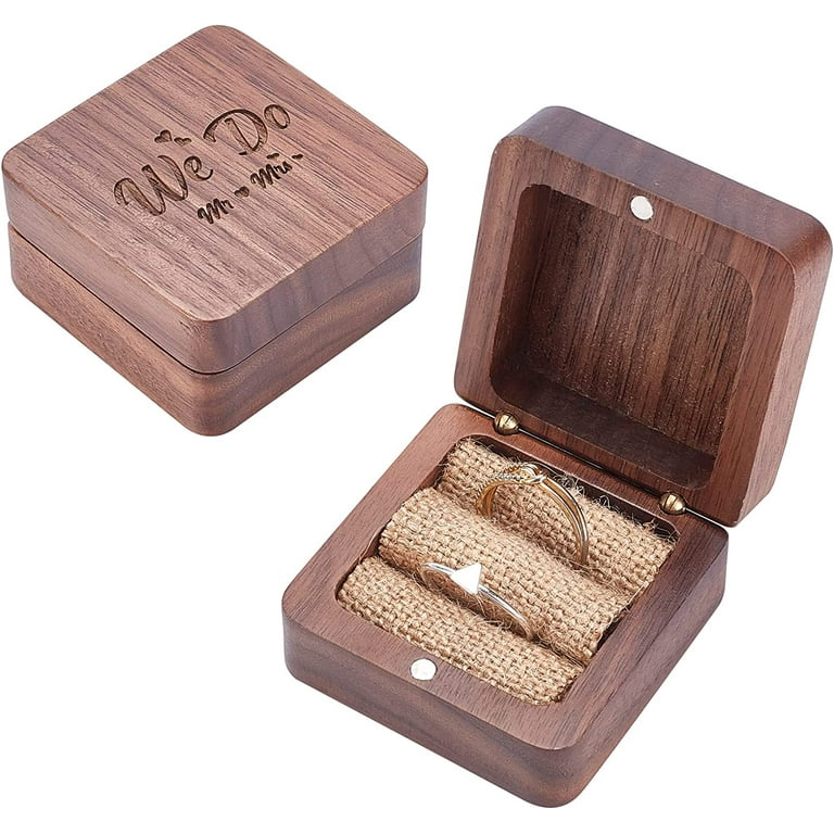 Double Ring Box We Do Ring Bearer Wooden Engraved Box Dual Wedding Ring Holder for Marriage Decorative Vintage Beach Theme Wedding 2.2x2.2inch