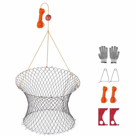 Double Ring Crab Trap, 24 inch Top, 20 inch Bottom, Two Rings Crab Kit, Foldable Fishing Net with Gauge, 60 ft Rope, Wire Grid Bottom, Rock and Blue Crab, Dock & Pier Crabbing, 2 Set
