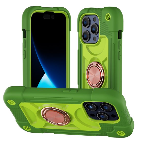 Double Ring Kickstand Case for iPhone 15 Pro Max for Women Girls, Rugged Hybrid Heavy Duty 3 in 1 phone Case Soft Silicone Hard PC Full Armor Protective Case for iPhone 15 Pro Max, Avocado