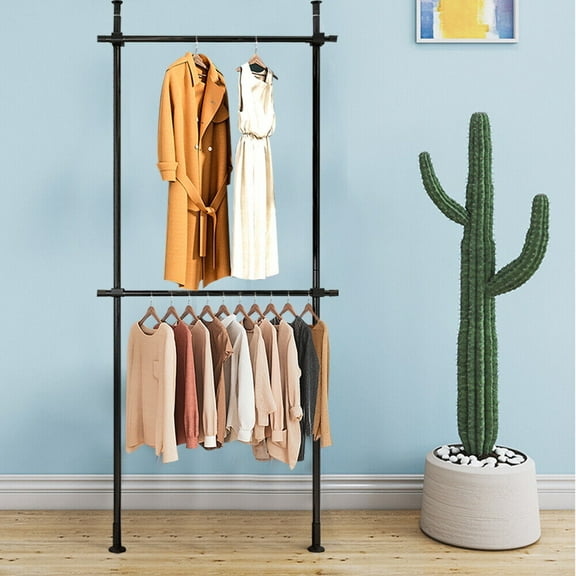Double-Rod Closet Organizer Black Adjustable Garment Rack Heavy-duty Clothes Storage System, Coat Rack Closet Organizer, Floor Ceiling Laundry Drying Rack