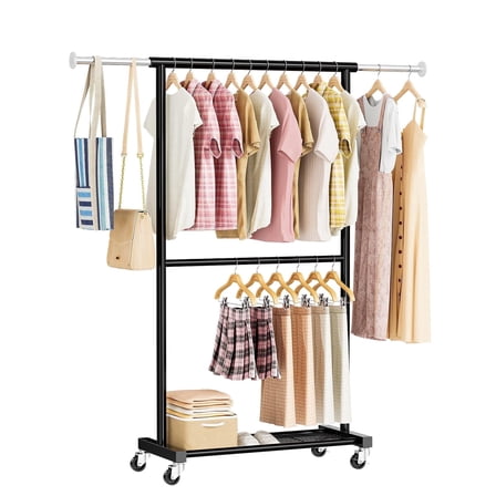 SUFAUY Rolling Metal Double Rods Garment Rack, Black