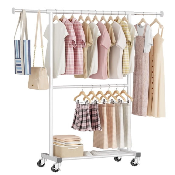 SUFAUY Clothes Rack, Rolling Metal Garment Rack with Double Hanging Rods and Bottom Shelf, 5.3"D x 50.23"W x 64.17"H, White