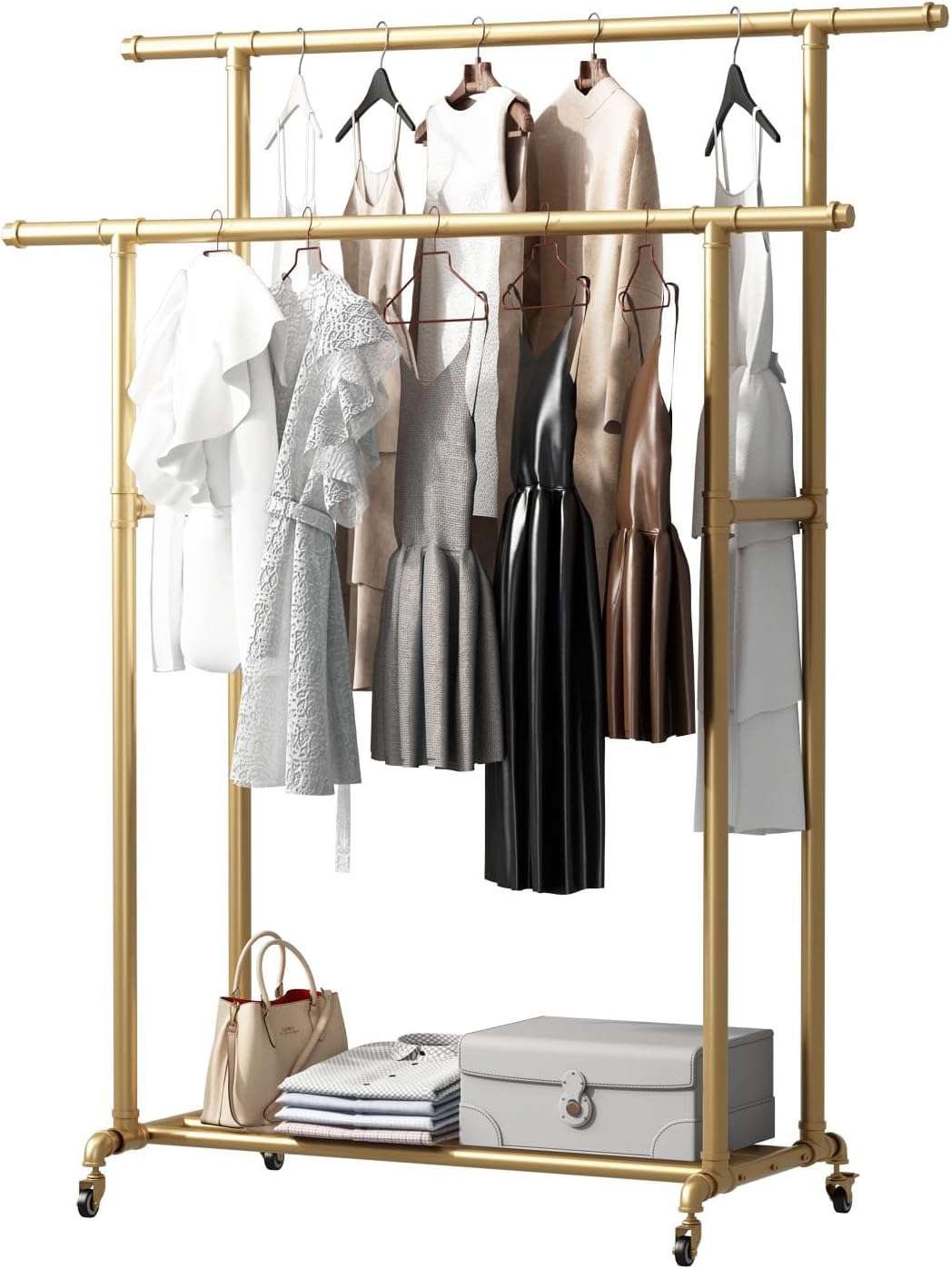 Clothes Racks Industrial Store Double-Rod Clothes Rack, Industrial Pipe Clothing Rack with Wheels ...