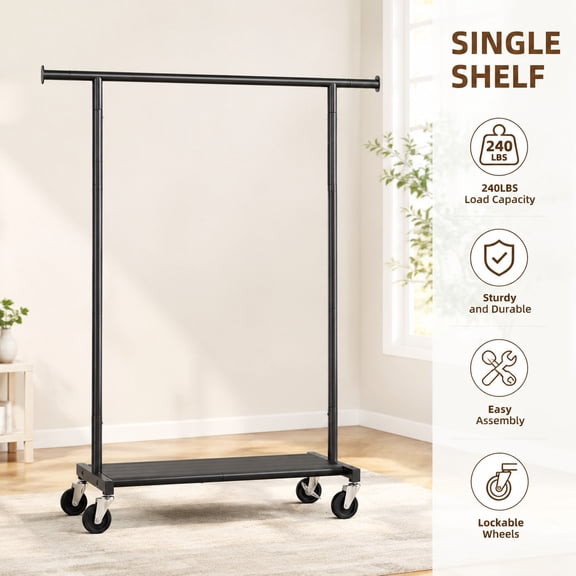 Double Rod Clothes Rack with Rolling Wheels, Metal Garment Rack for Hanging Clothes, Portable Wardrobe Closet Rack for Bedroom, Laundry, Coat Storage, Black