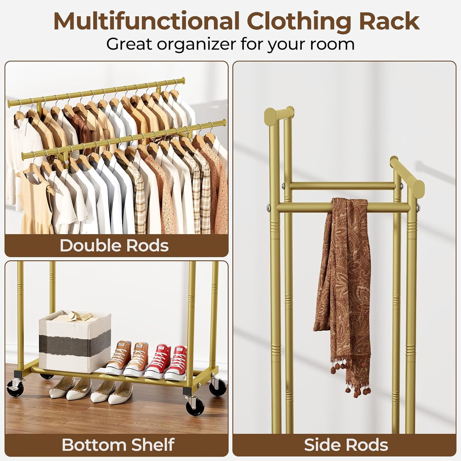 Double Rod Clothes Rack, Sturdy Rolling Garment Rack with Wheels ...