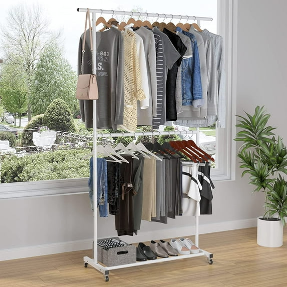 Double Rod Clothing Garment Rack, Rolling Clothes Organizer on Wheels, Adjustable, White