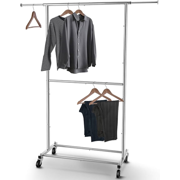 Double Rod Clothing Garment Rack Rolling Clothes Organizer on Wheels Hanging Clothes Chrome