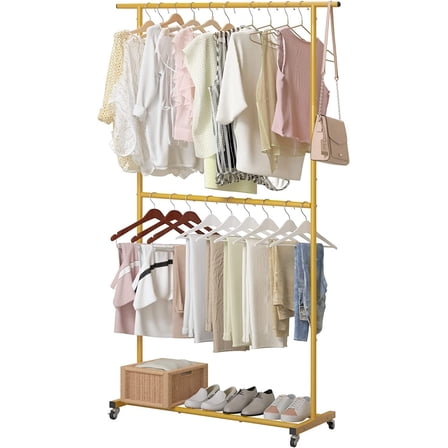 Double Rod Clothing Garment Rack, Rolling Clothes Organizer on Wheels for Hanging Clothes, Easy to Assemble, Adjustable, Gold