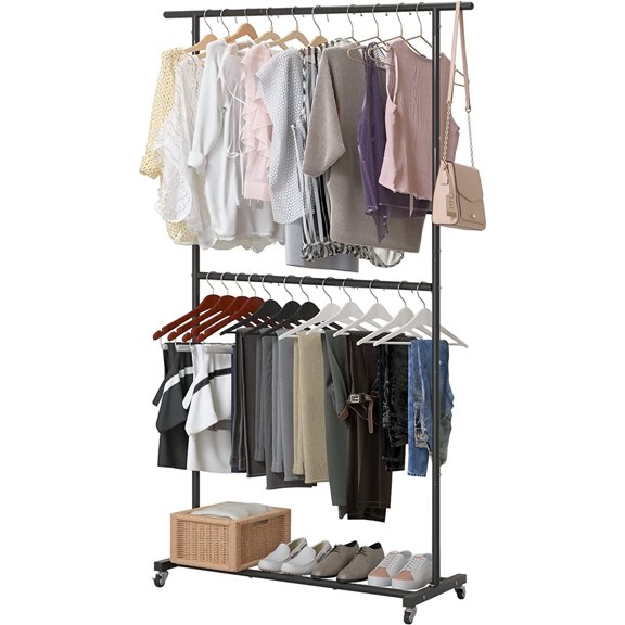 Double Rod Clothing Garment Rack, Rolling Clothes Organizer on Wheels for Hanging Clothes, Easy to Assemble, Adjustable, White