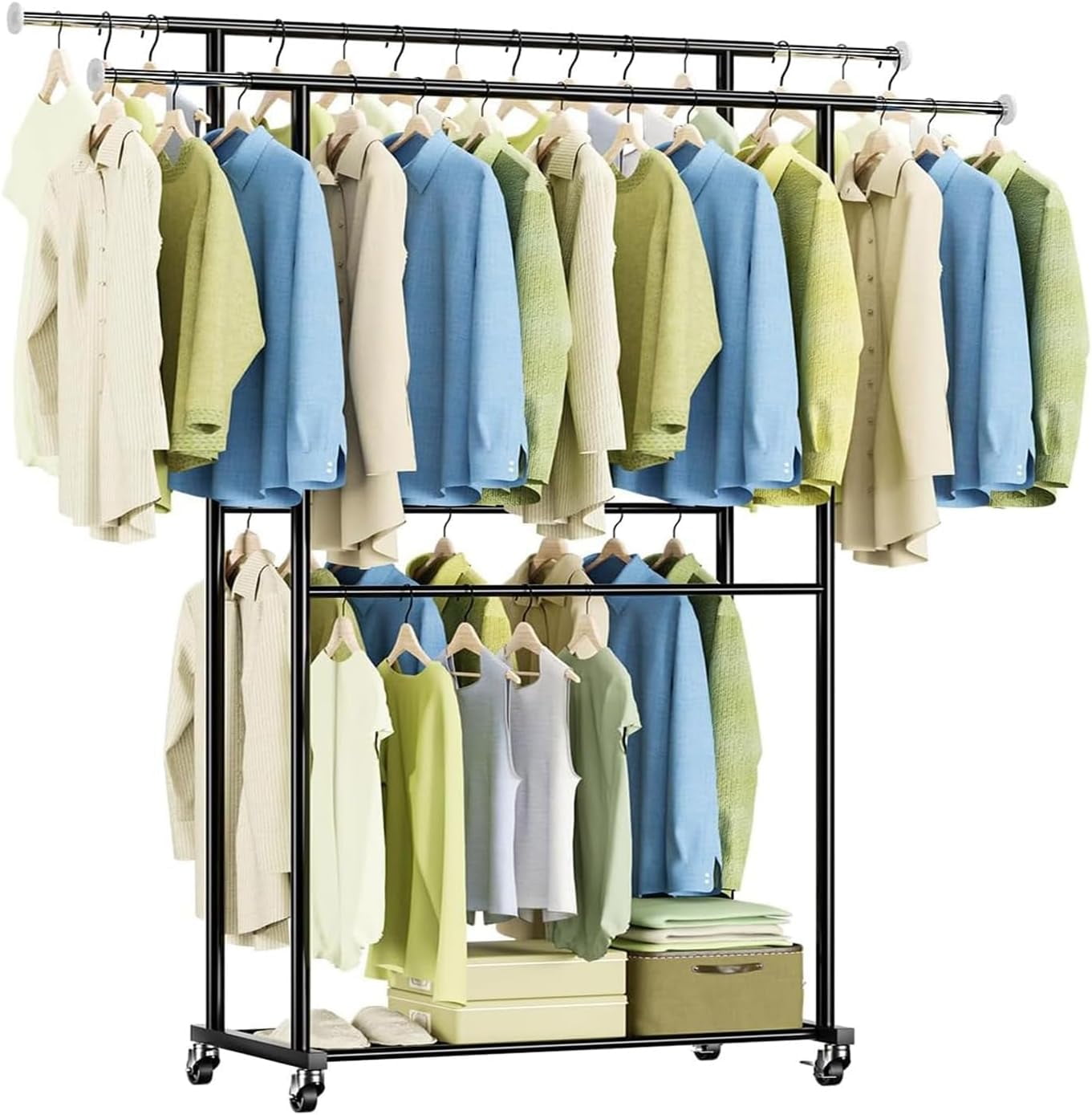 Double Rod Clothing Garment Rack, Rolling Clothes Organizer with ...