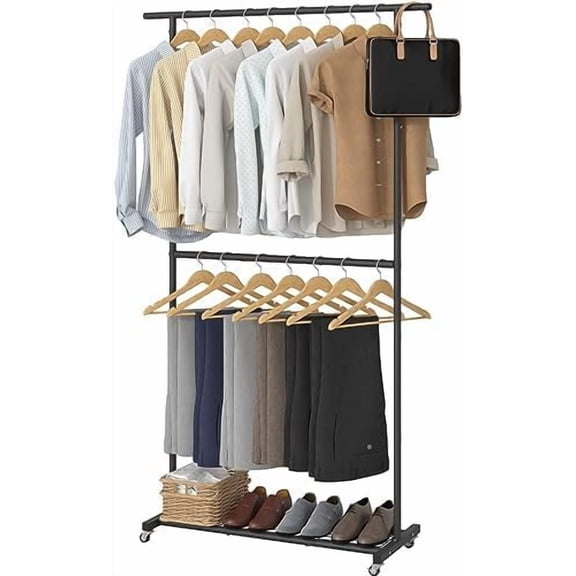 Double Rod Clothing Garment Rack, Rolling Coat Hanger with Bottom Mesh, Clothing Rack for Hanging Clothes, Coats, Skirts, Sweaters, Black