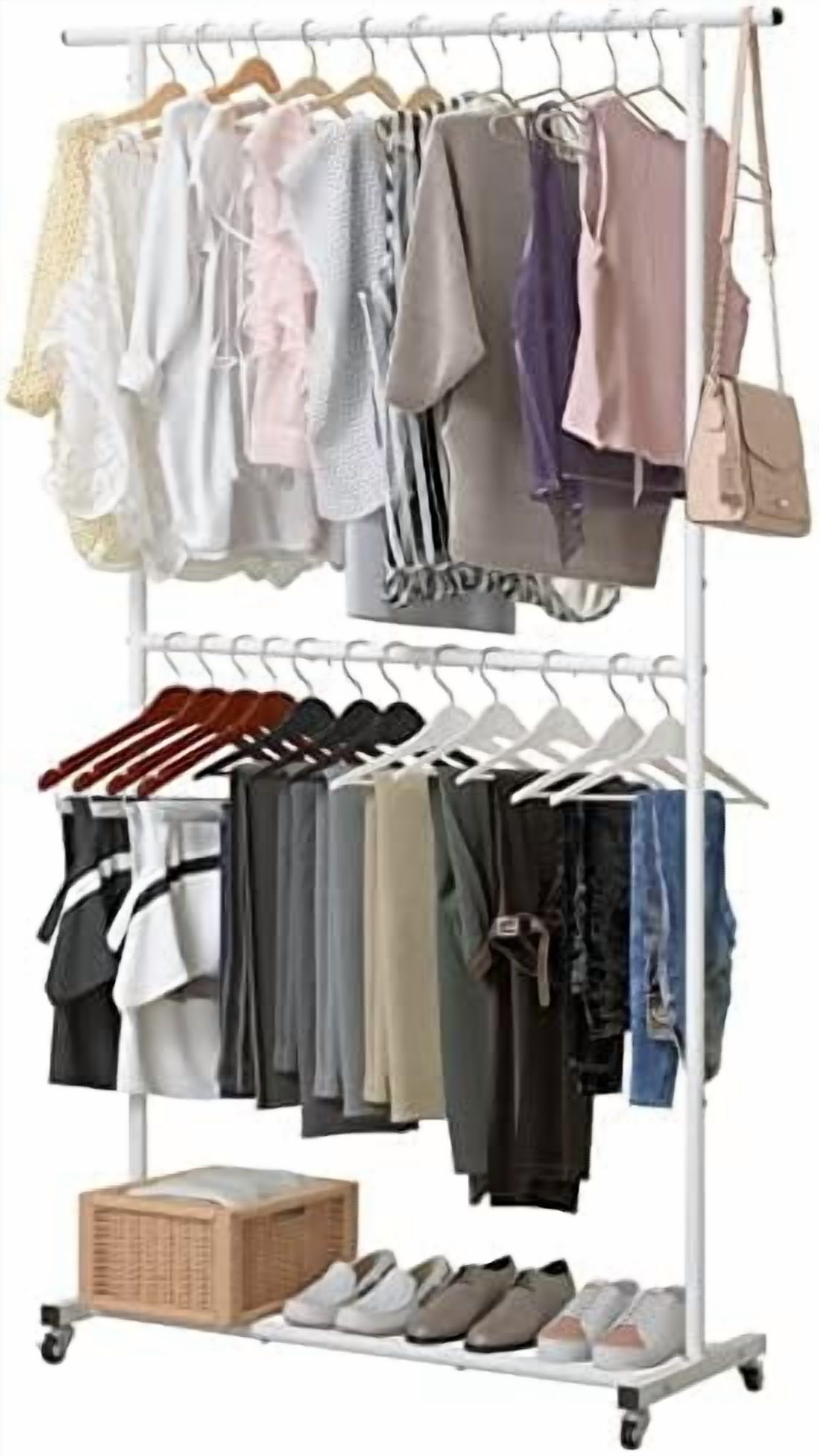 Double Rod Clothing Garment Rack, Rolling Coat Hanger with Bottom Mesh ...