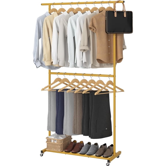 Double Rod Clothing Garment Rack, Rolling Coat Hanger with Bottom Mesh, Clothing Rack for Hanging Clothes, Coats, Skirts, Sweaters, Gold