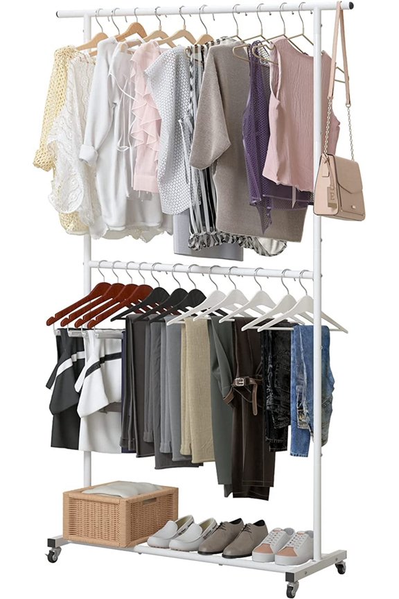Double Rod Clothing Garment Rack, Rolling Coat Hanger with Bottom Mesh, Clothing Rack for Hanging Clothes, Coats, Skirts, Sweaters