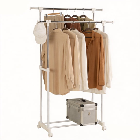 GARITIN Clothes Rack, Double Rods Rolling Clothing Rack for Hanging Clothes, Portable Garment Rack with Wheels, Adjustable Height & Width Coat Rack Wardrobe Closet for Bedroom Laundry Room, White